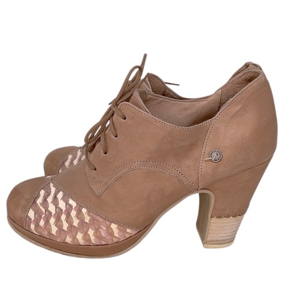 Gold Button Shoes Heels Mod Oxford Retro Taupe Brown Mauve Size 42 - Picture 3 of 10